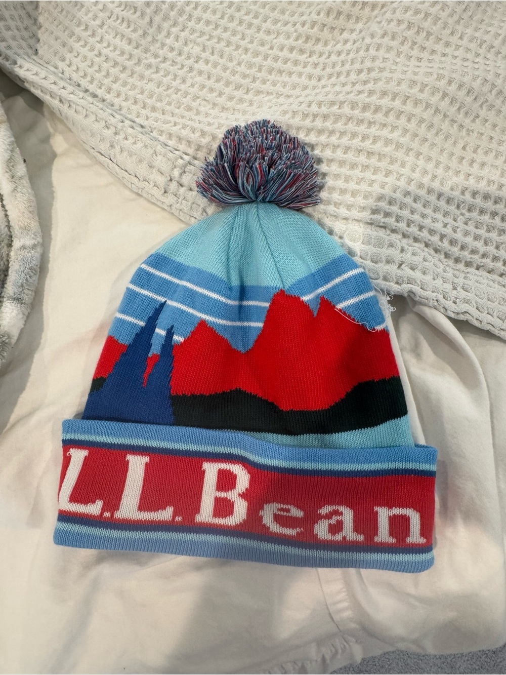 L.L. Bean Pom Hat in Light Blue, Red, Navy